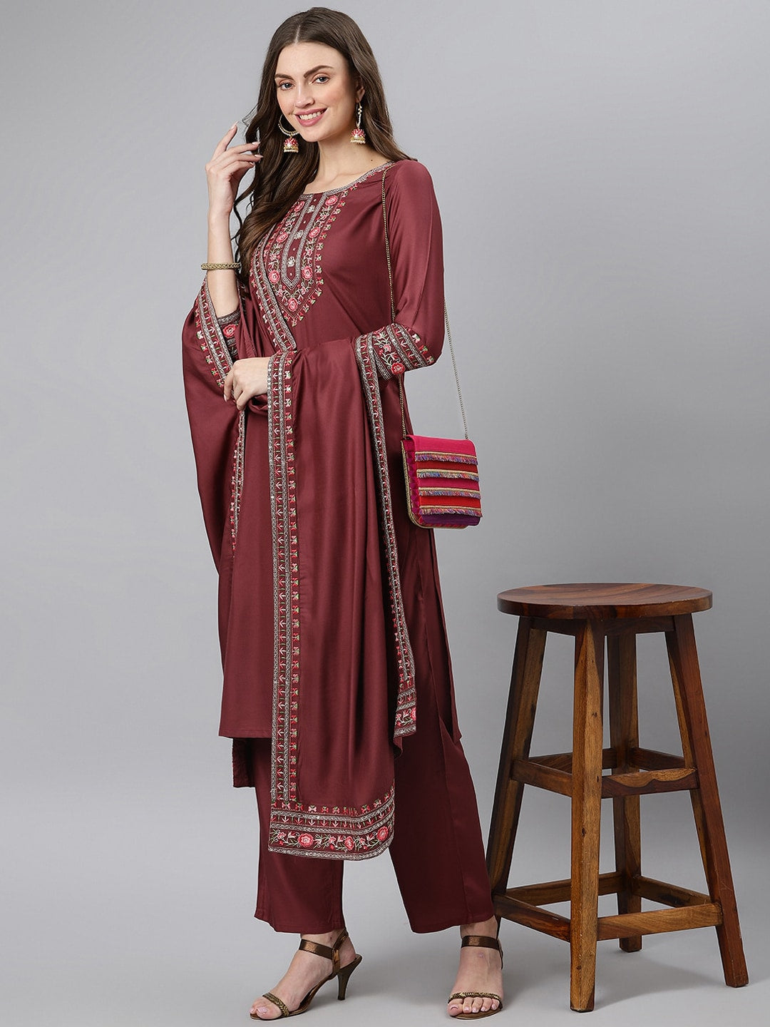 Khushal K Women Burgundy Floral Yoke Design Panelled Kurta with Trousers - Distacart