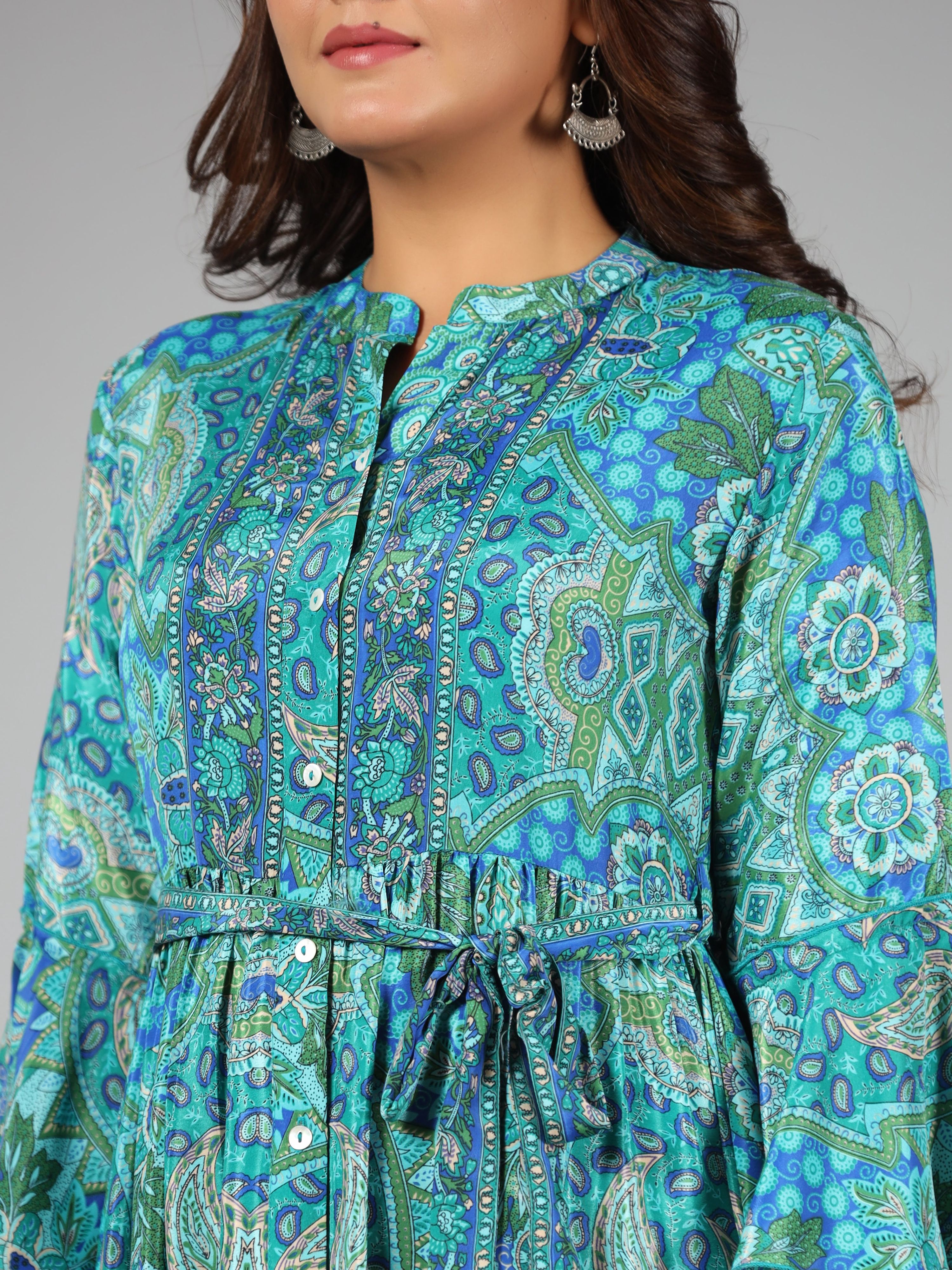 Juniper Women Blue Kasturi Silk Printed Tiered Maxi Dress - Distacart