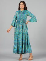 Thumbnail for Juniper Women Blue Kasturi Silk Printed Tiered Maxi Dress - Distacart