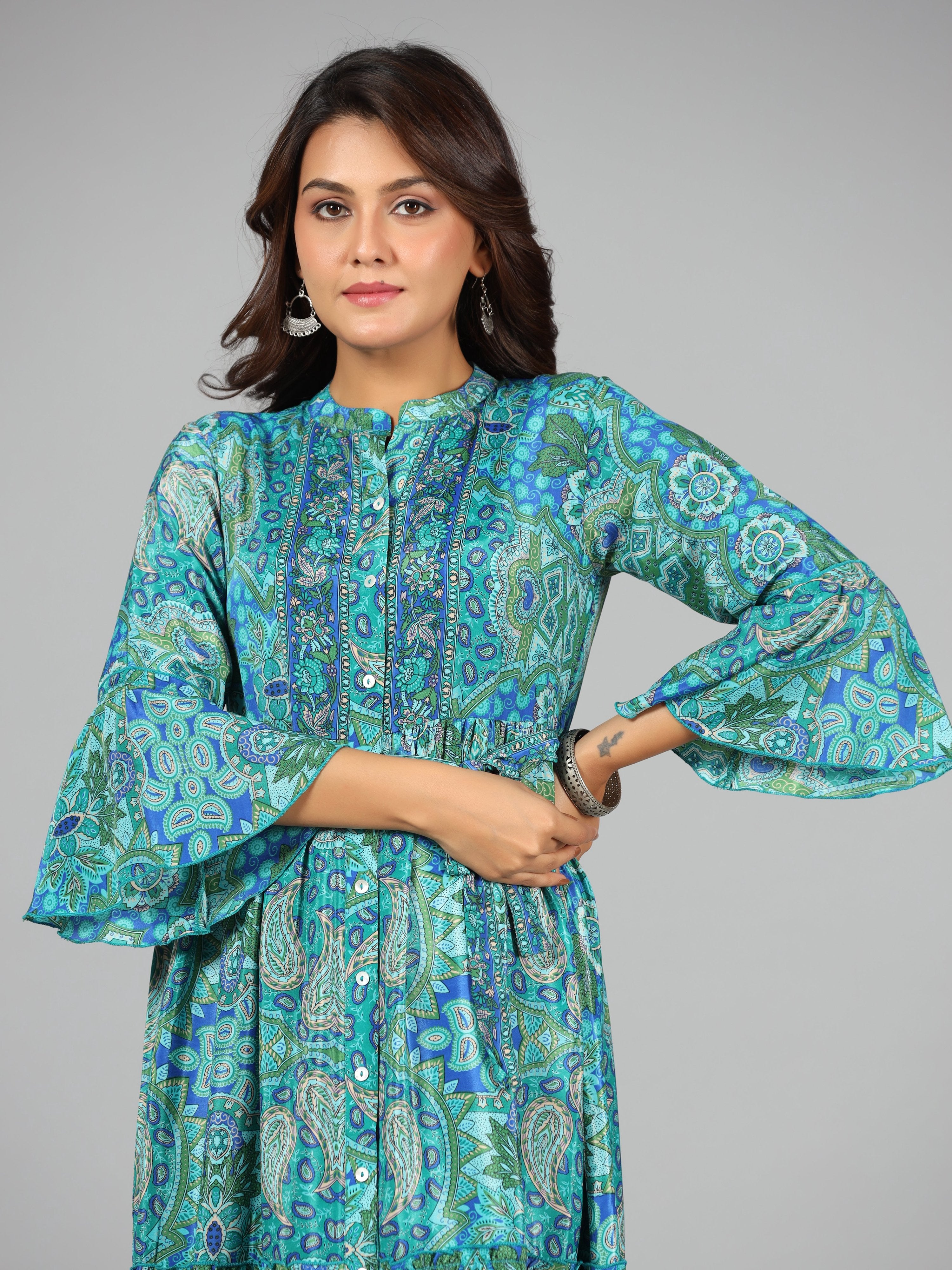 Juniper Women Blue Kasturi Silk Printed Tiered Maxi Dress - Distacart