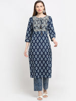 Thumbnail for Kalini Women Navy Blue Ethnic Motifs Printed Pure Cotton Kurta with Trousers & Dupatta - Distacart