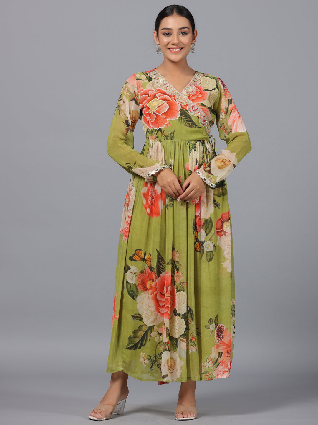Juniper Women Green Georgette Printed Maxi Dress - Distacart