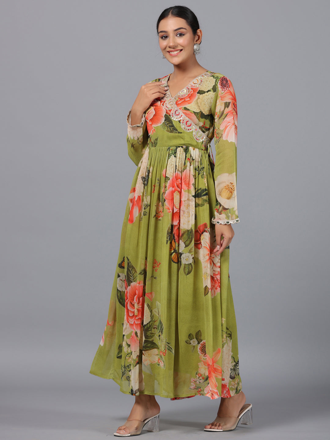 Juniper Women Green Georgette Printed Maxi Dress - Distacart