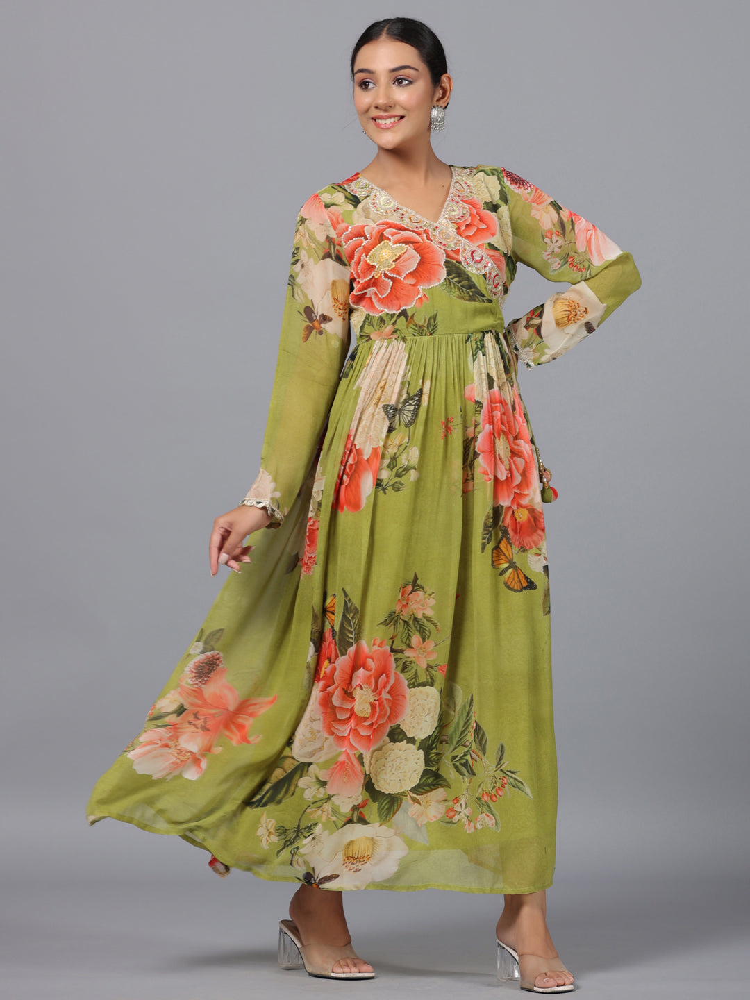 Juniper Women Green Georgette Printed Maxi Dress - Distacart