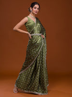 Thumbnail for Koskii Green & White Bandhani Embroidered Bandhani Saree - Distacart