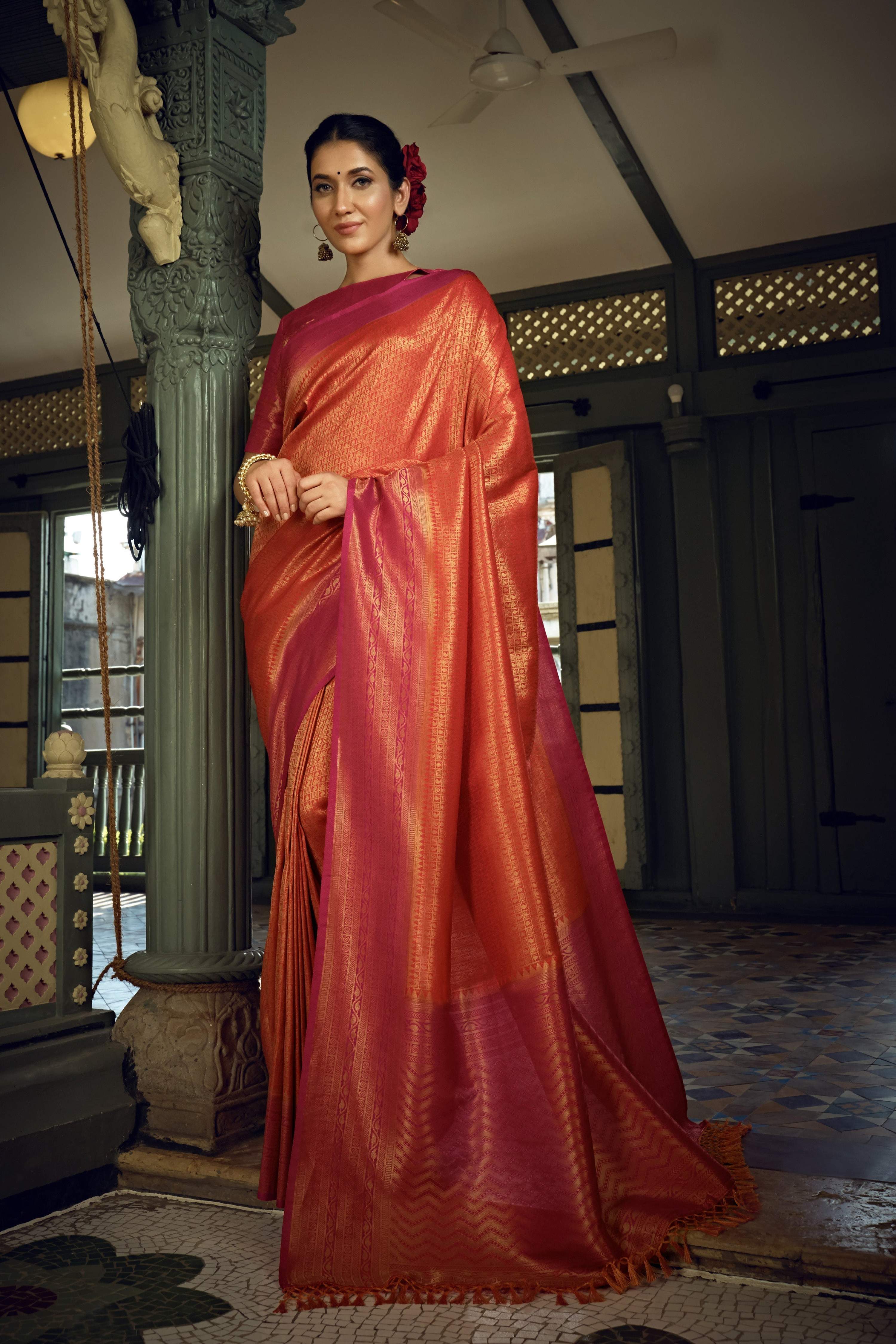 Vardha Sunset Orange Golden Zari Kanjeevaram Silk Saree