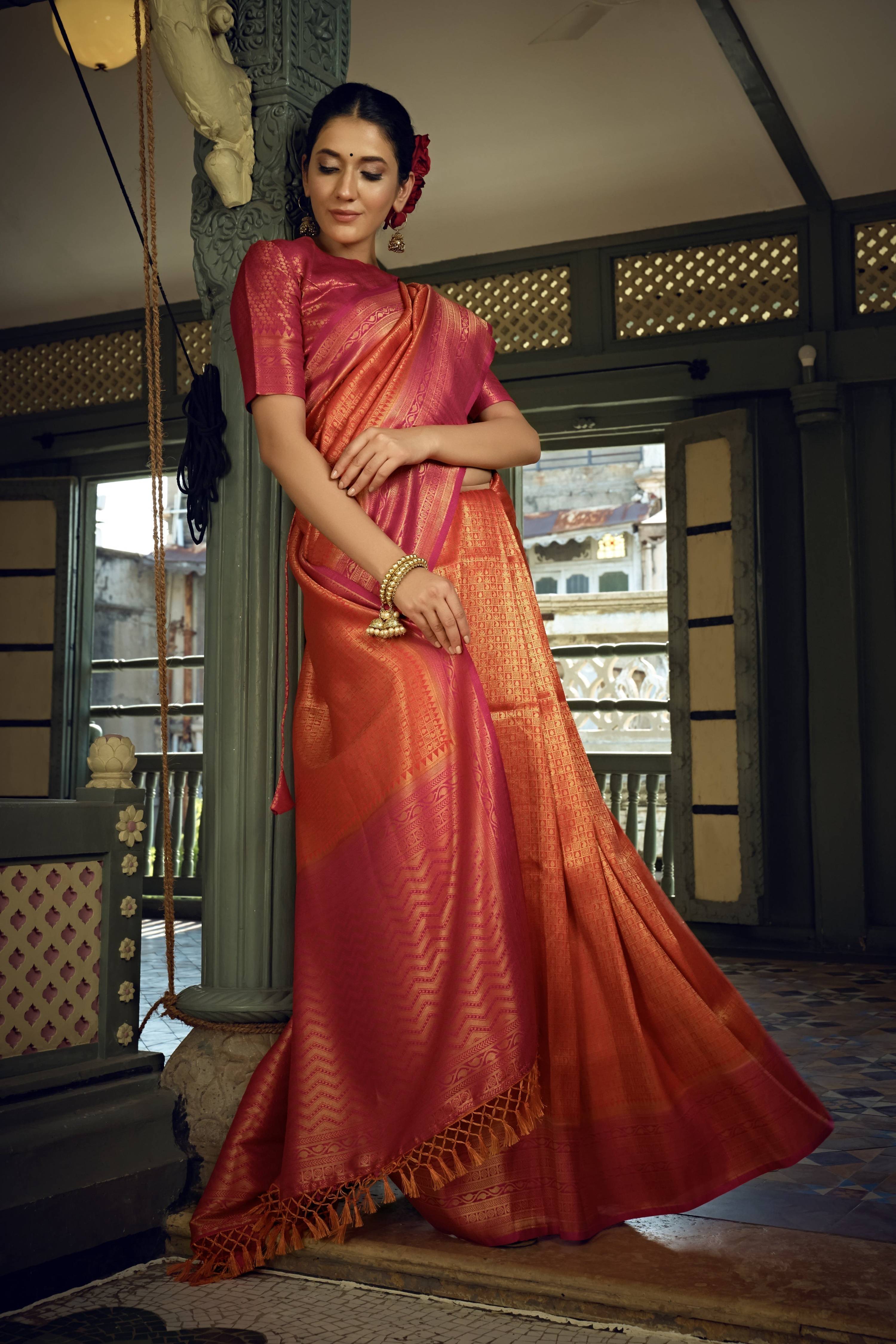 Vardha Sunset Orange Golden Zari Kanjeevaram Silk Saree