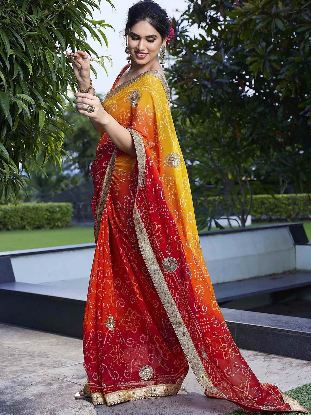 Kalini Red & Yellow Poly Georgette Embroidered Bandhani Saree - Distacart