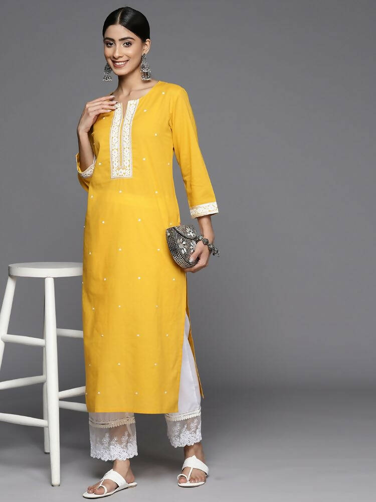 Varanga Women Mustard Kurta, Three Quarter Sleeves, Round Neck , Straight Kurta With Side Slits - Distacart