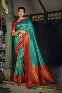 Thumbnail for Vardha Beautiful Turquoise Blue Golden Zari Kanjeevaram Silk Saree