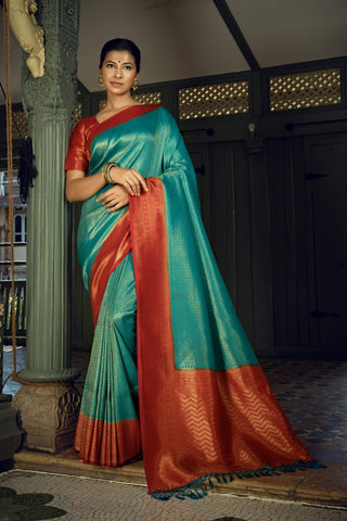 Vardha Beautiful Turquoise Blue Golden Zari Kanjeevaram Silk Saree