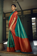 Thumbnail for Vardha Beautiful Turquoise Blue Golden Zari Kanjeevaram Silk Saree