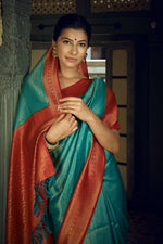Thumbnail for Vardha Beautiful Turquoise Blue Golden Zari Kanjeevaram Silk Saree