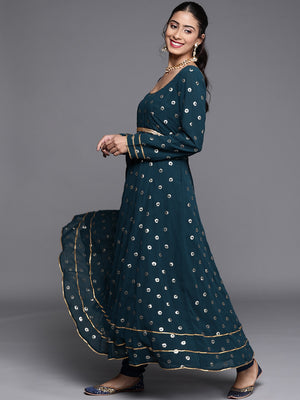 Libas Blue Embroidered Panelled Kurta with Churidar & With Dupatta - Distacart