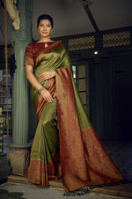 Thumbnail for Vardha Emerald Green Golden Zari Kanjeevaram Silk Saree