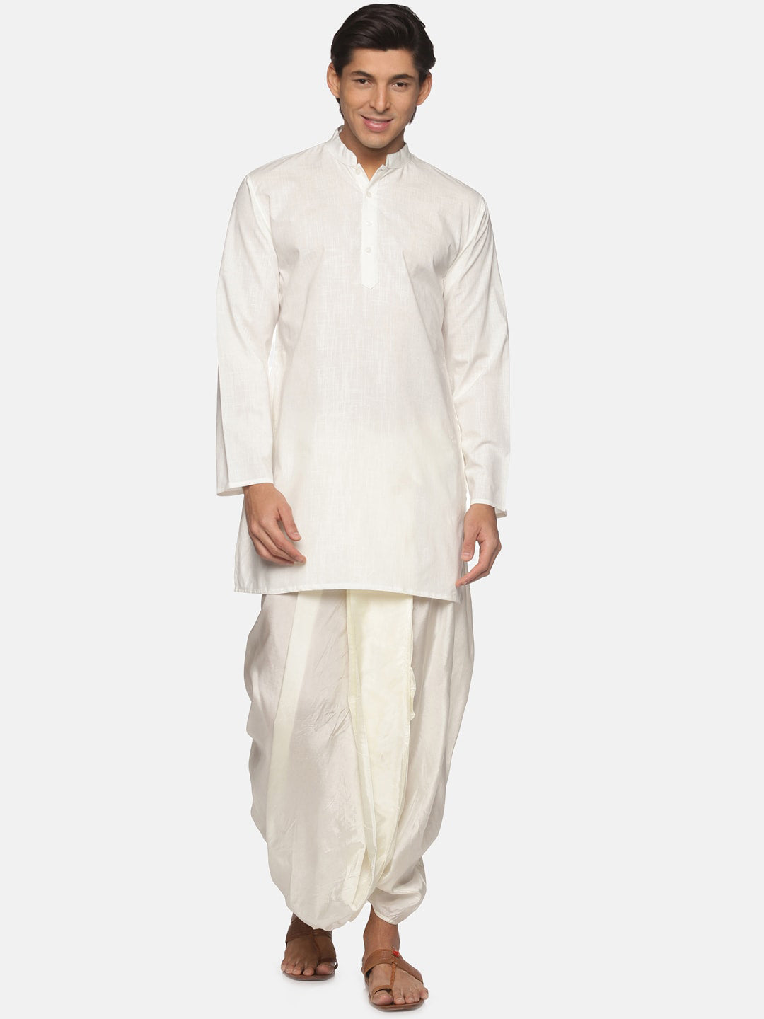 Sethukrishna Men Cream-Coloured Striped Pure Cotton Kurta with Dhoti Pants - Distacart