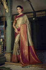 Thumbnail for Vardha Royal Grey Golden Zari Kanjeevaram Silk Saree
