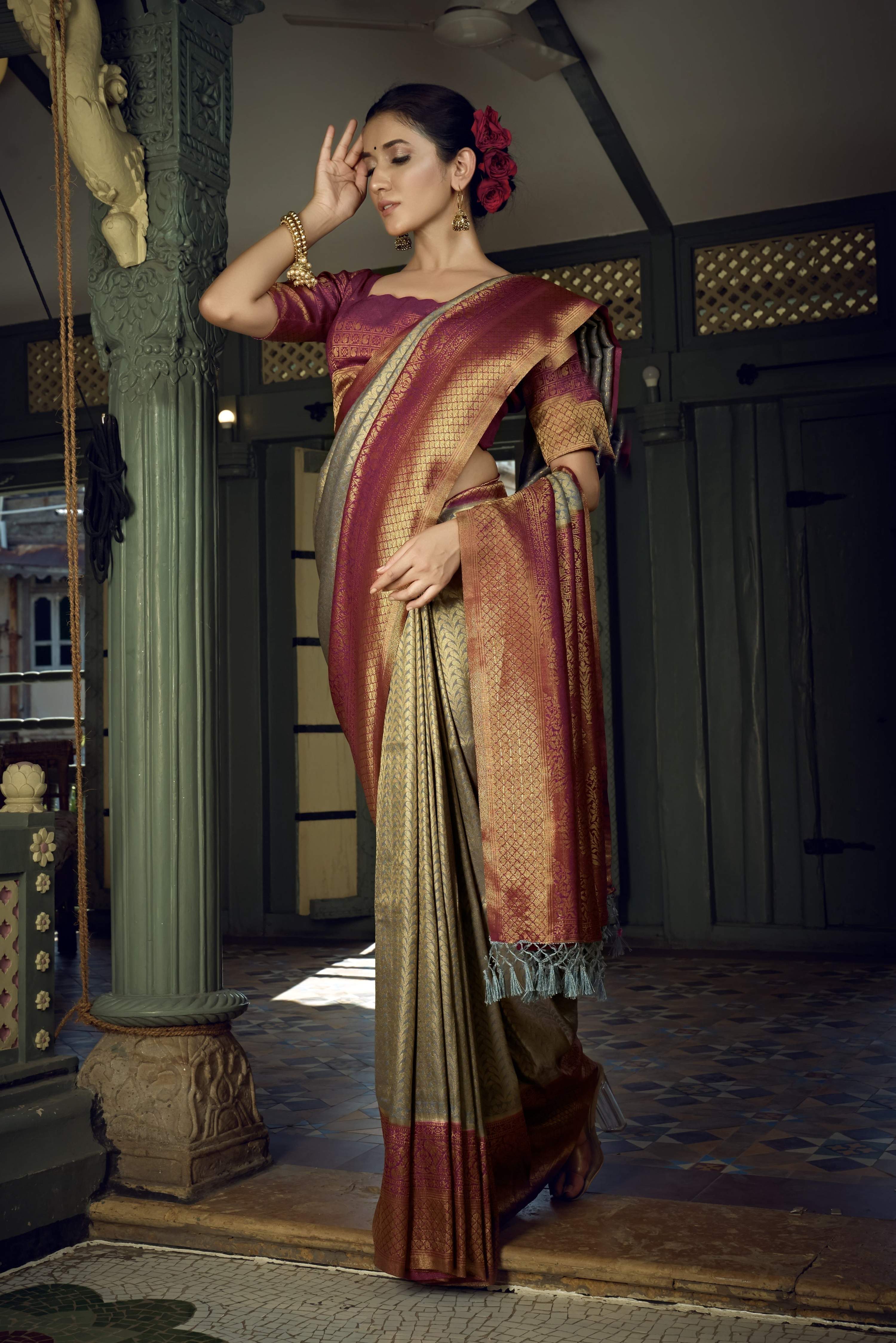 Vardha Royal Grey Golden Zari Kanjeevaram Silk Saree