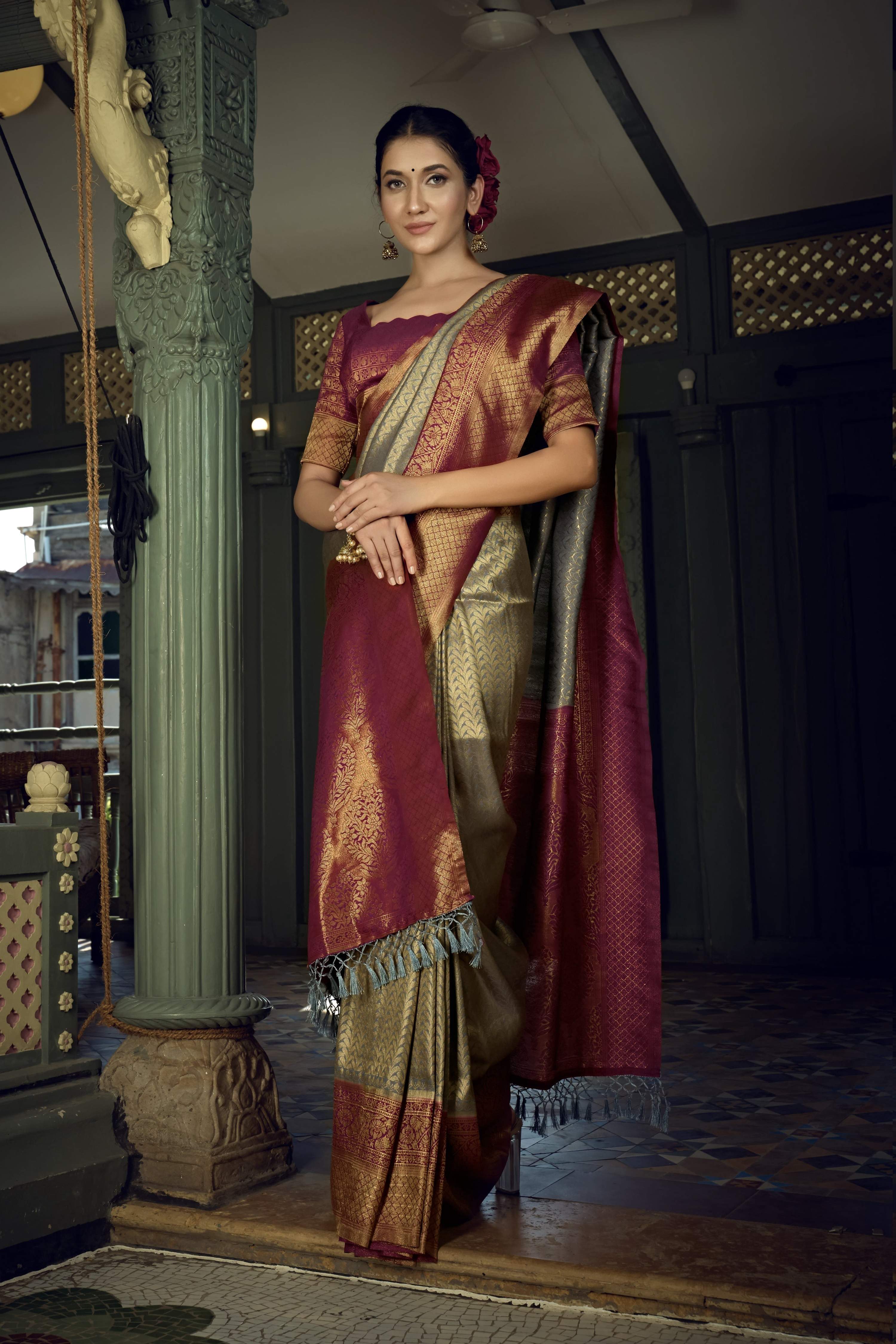 Vardha Royal Grey Golden Zari Kanjeevaram Silk Saree