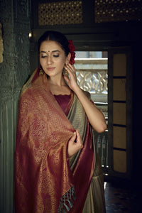 Thumbnail for Vardha Royal Grey Golden Zari Kanjeevaram Silk Saree