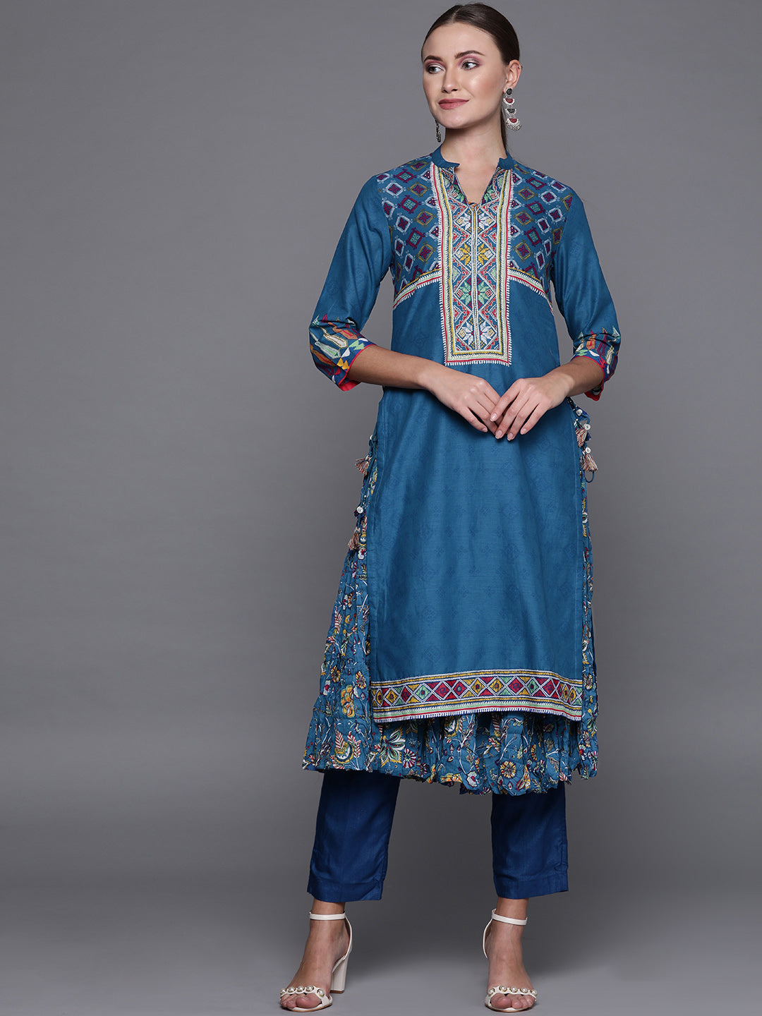 Biba Women Blue & Yellow Yoke Design A-Line Layered Kurta - Distacart