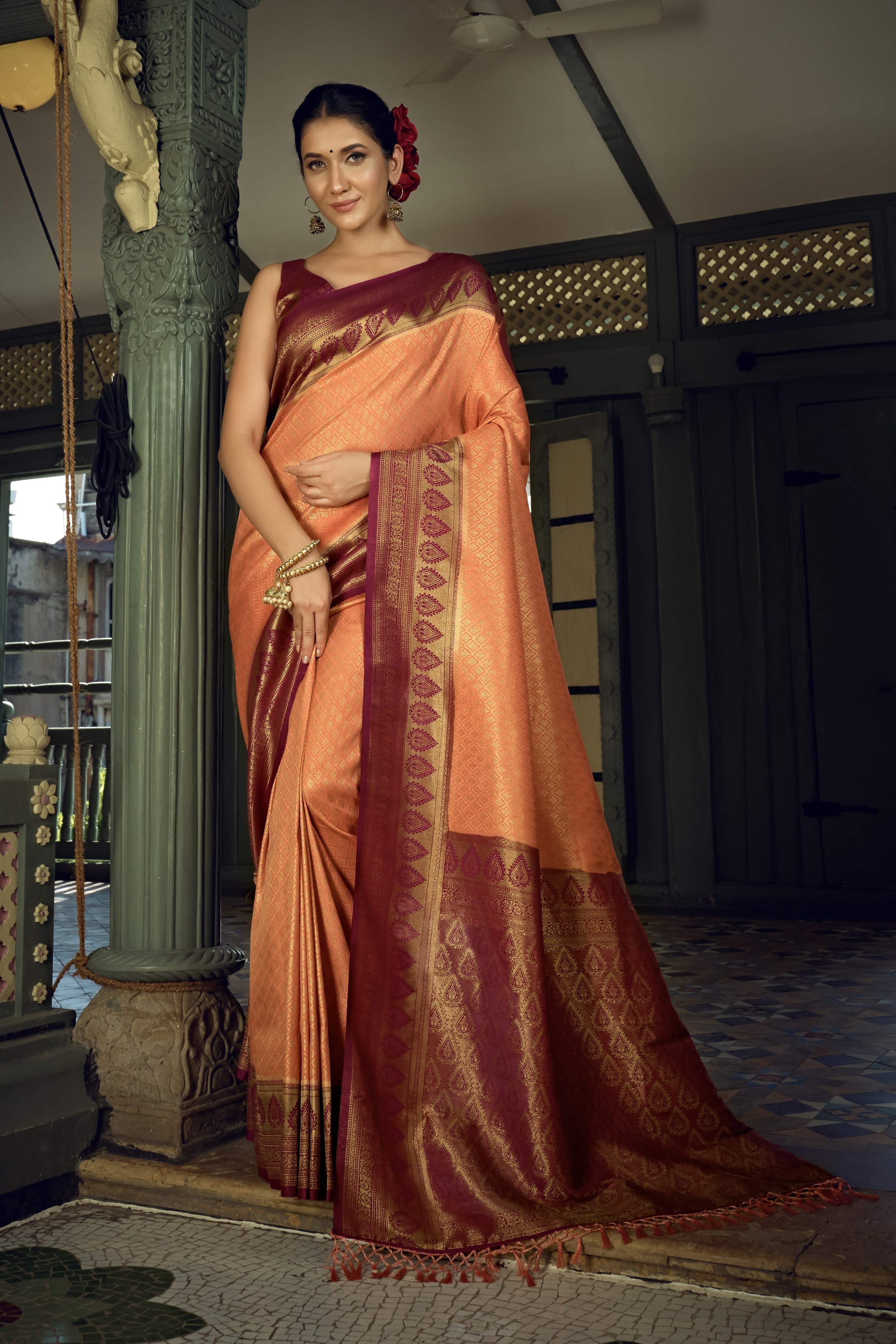 Vardha Peach Yellow Golden Zari Kanjeevaram Silk Saree