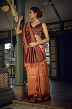 Thumbnail for Vardha Peach Yellow Golden Zari Kanjeevaram Silk Saree