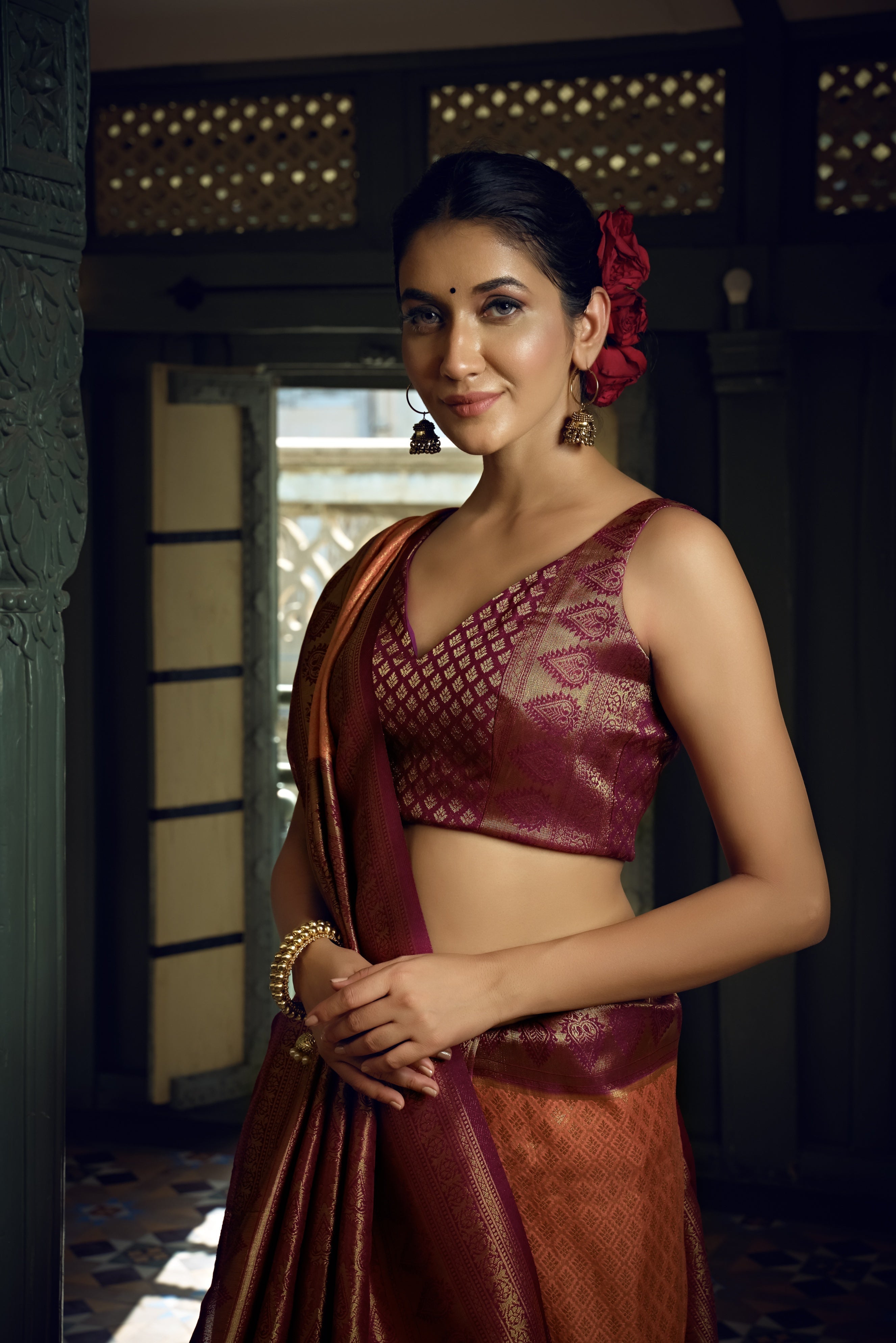 Vardha Peach Yellow Golden Zari Kanjeevaram Silk Saree