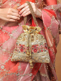 Thumbnail for Rubans Women Gold-Toned & Red Embellished Potli Clutch - Distacart