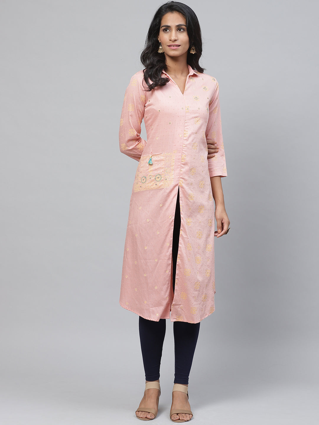 Biba Women Peach-Coloured & Mustard Yellow Mirror Work Printed A-Line Kurta - Distacart