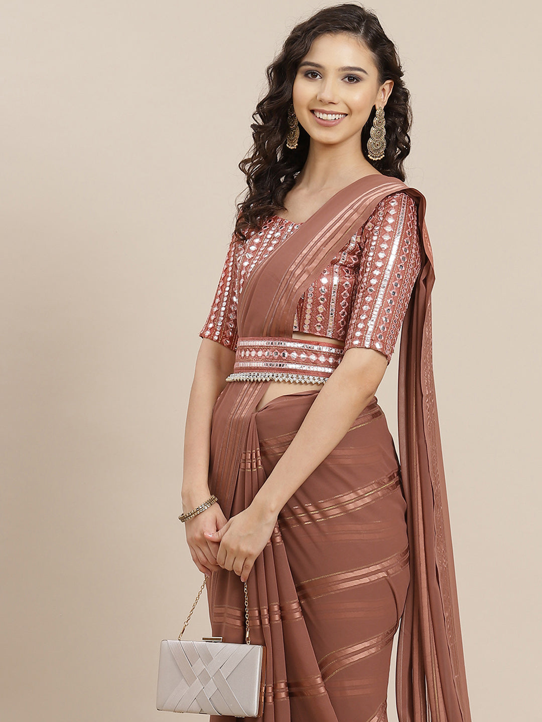 Saree Mall Brown Striped Mirror Work Saree - Distacart