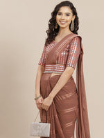 Thumbnail for Saree Mall Brown Striped Mirror Work Saree - Distacart