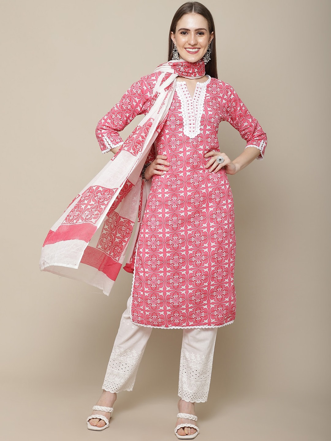 Sangria Women Ethnic Motifs Printed Pure Cotton Kurta with Trousers & With Dupatta - Distacart