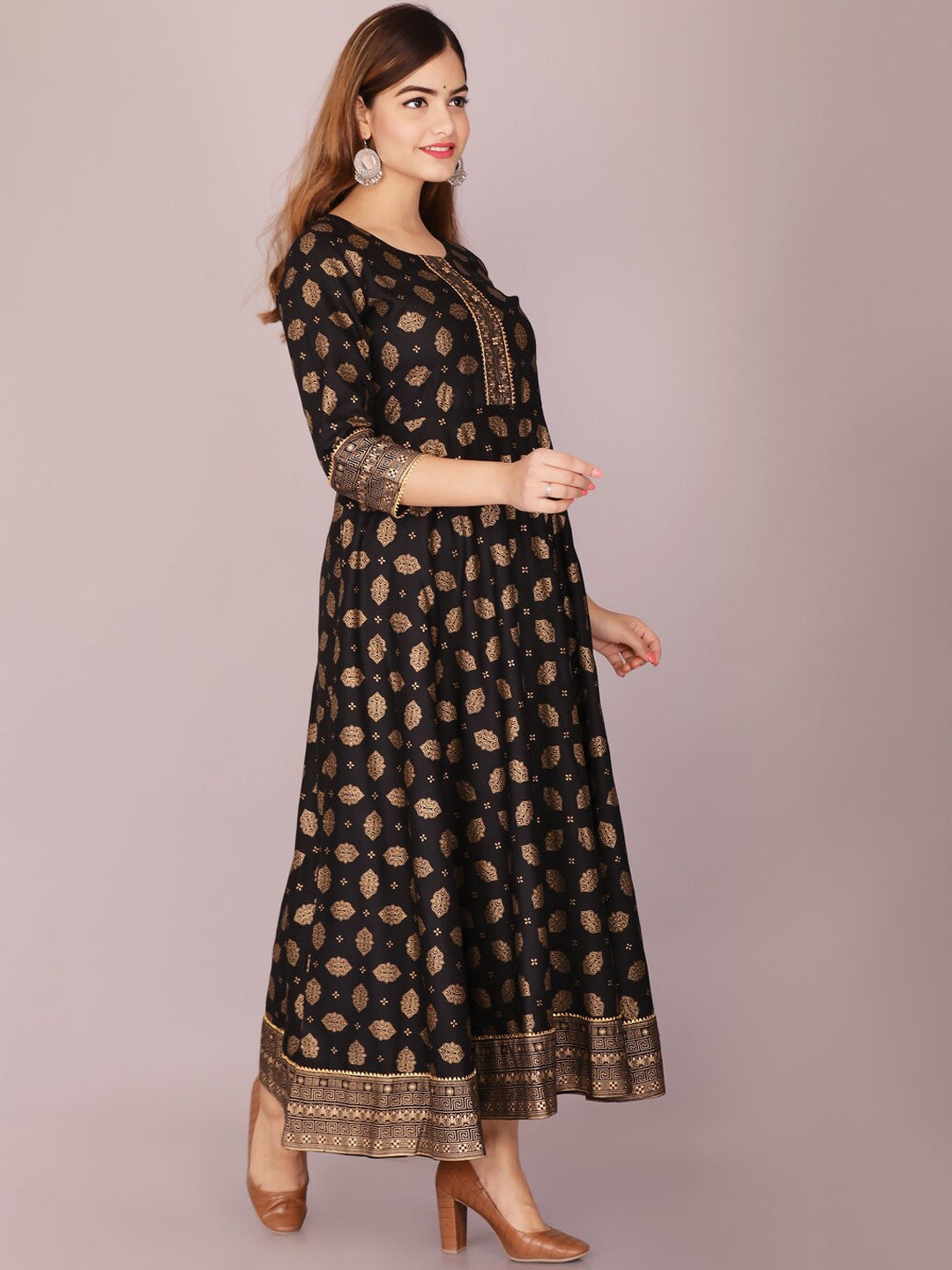 Kalini Women Black & Gold-Toned Ethnic Motifs Printed Anarkali Kurta - Distacart