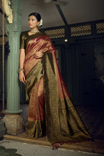 Thumbnail for Vardha Wine Golden Zari Kanjeevaram Silk Saree