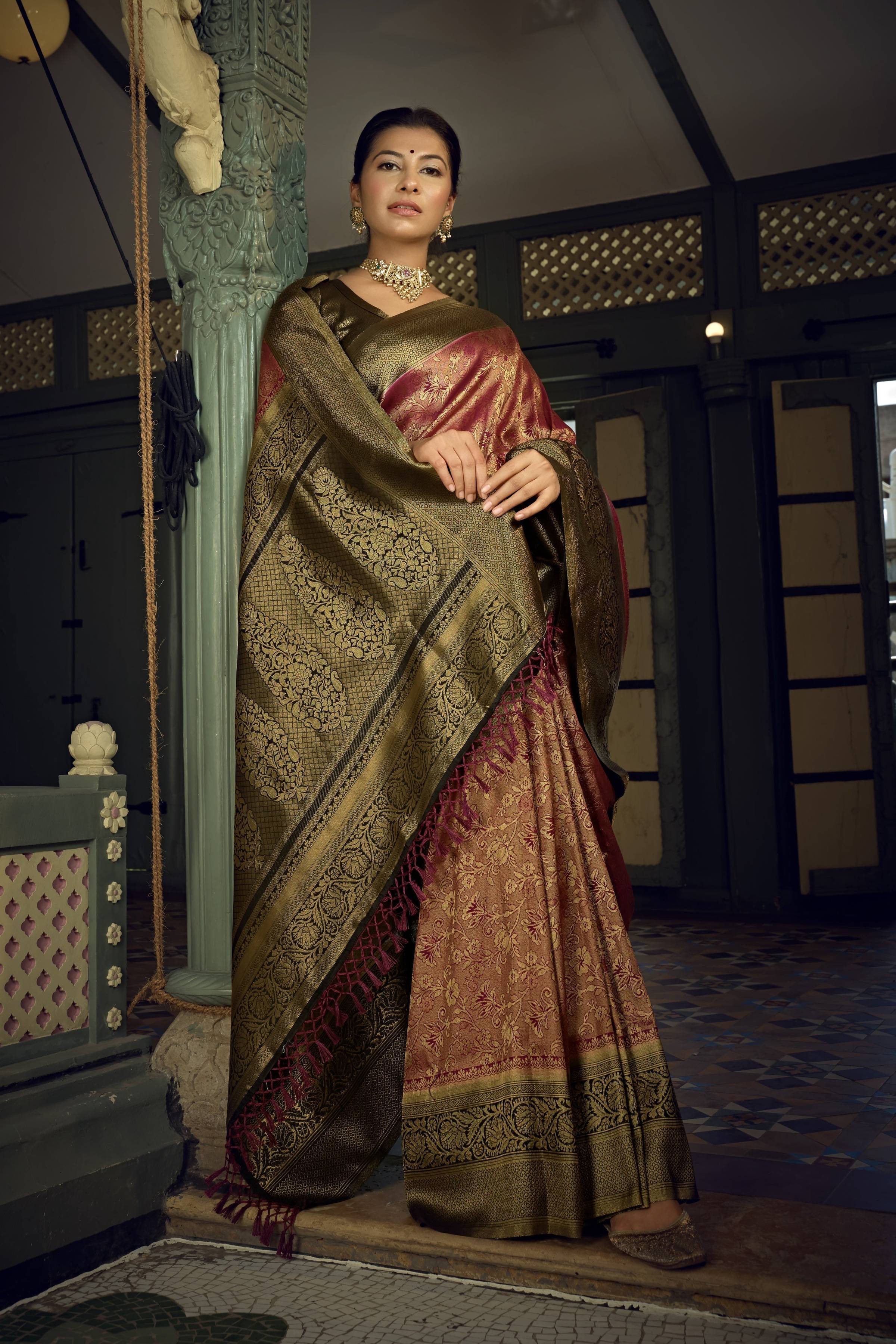 Vardha Wine Golden Zari Kanjeevaram Silk Saree