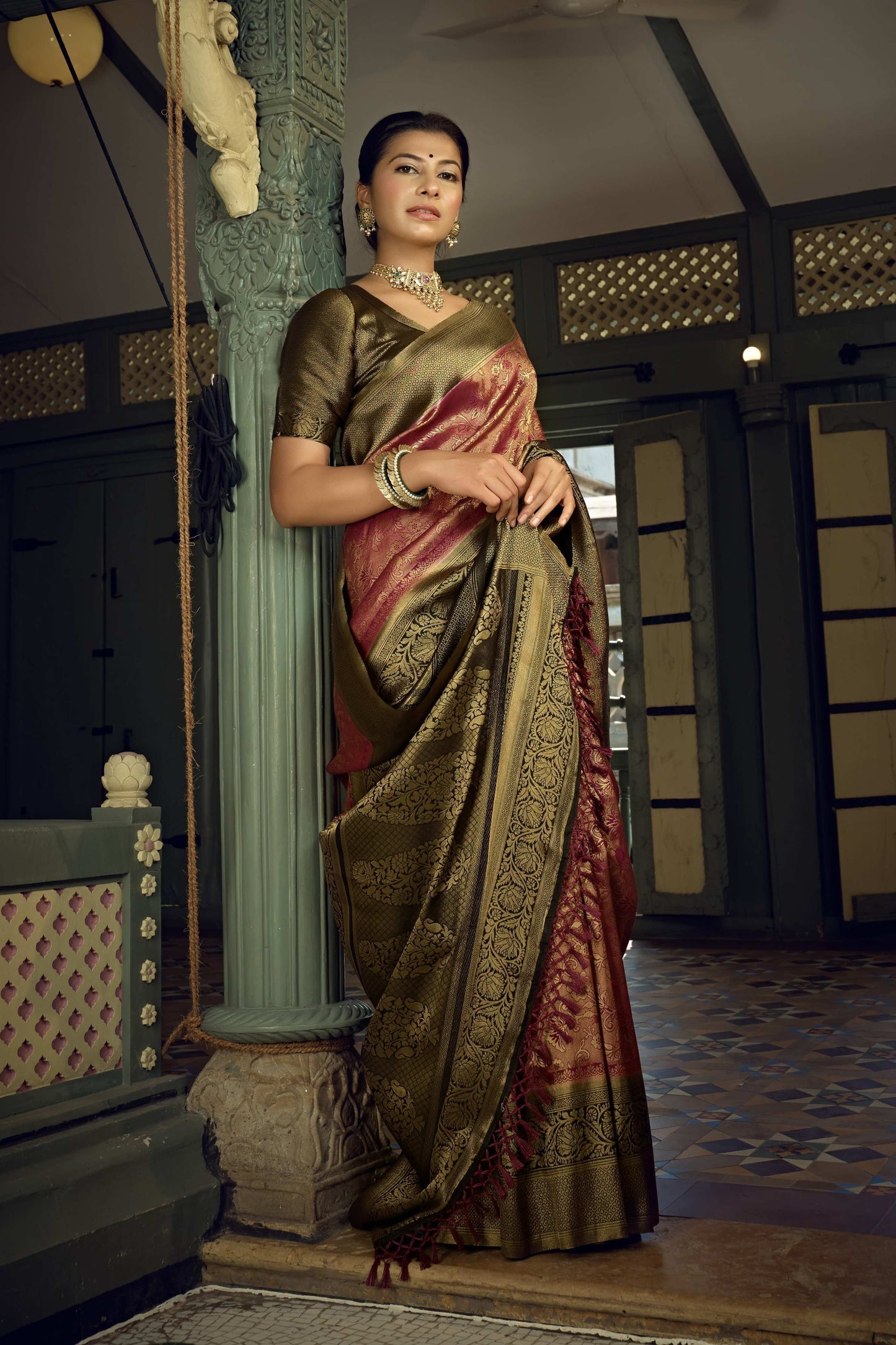 Vardha Wine Golden Zari Kanjeevaram Silk Saree