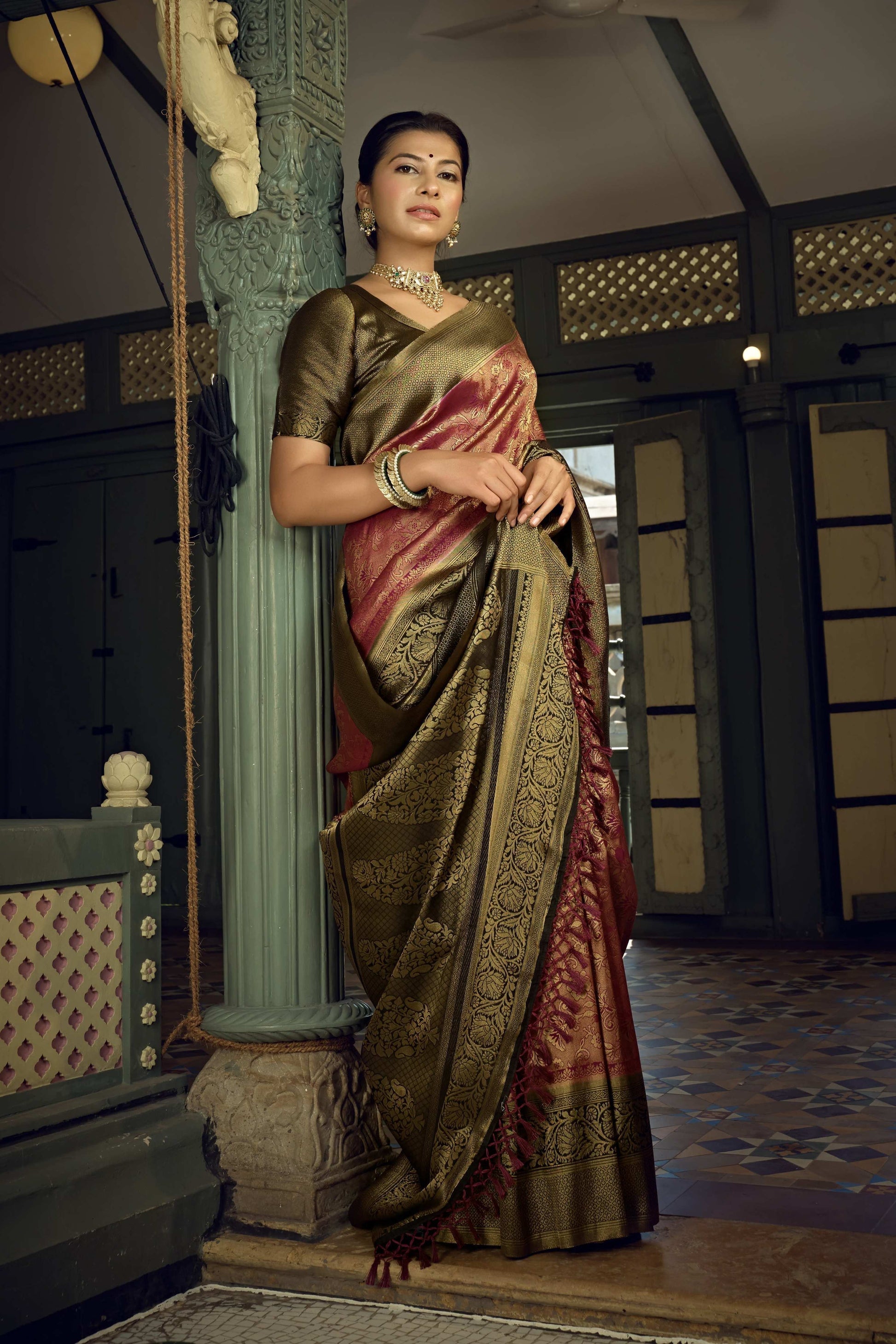 Vardha Wine Golden Zari Kanjeevaram Silk Saree