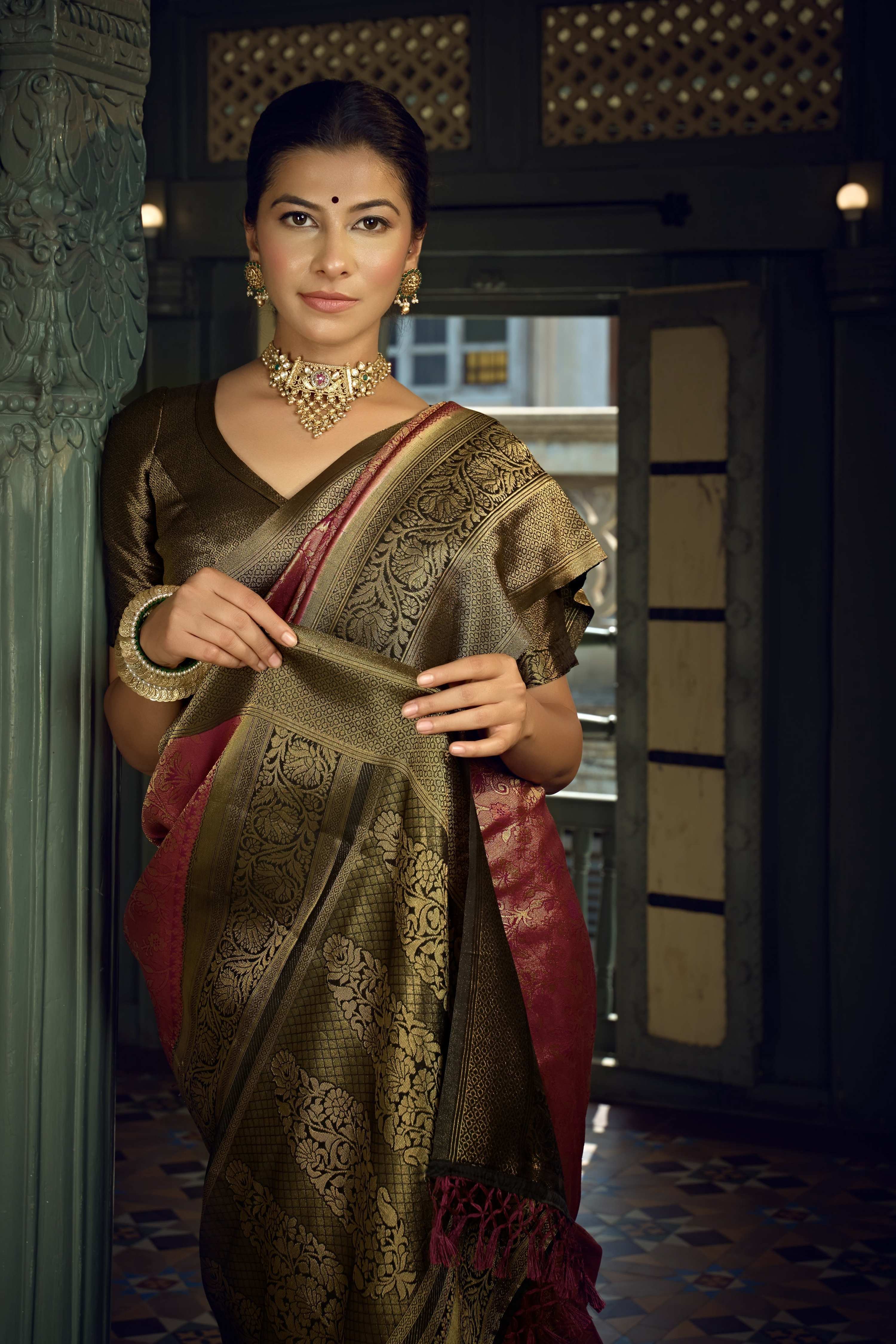 Vardha Wine Golden Zari Kanjeevaram Silk Saree