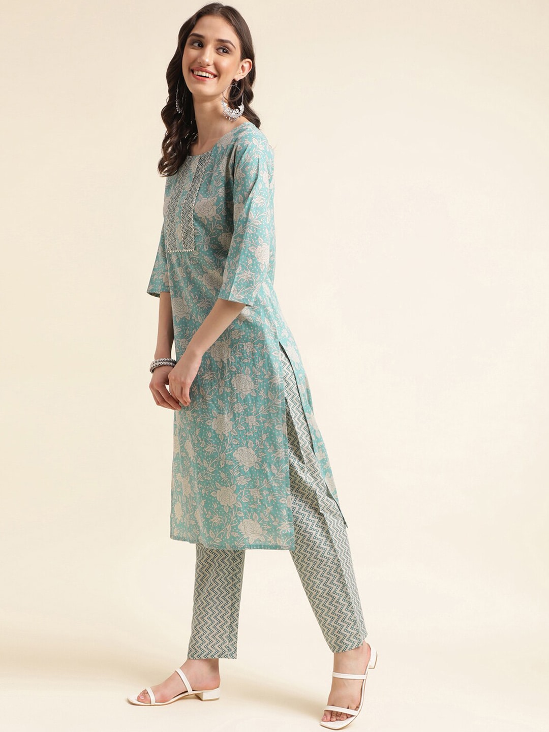 Sangria Green & Cream Floral Printed Pure Cotton Straight Kurta With Trouser - Distacart