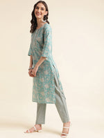 Thumbnail for Sangria Green & Cream Floral Printed Pure Cotton Straight Kurta With Trouser - Distacart
