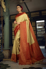 Thumbnail for Vardha Cream White Golden Zari Kanjeevaram Silk Saree