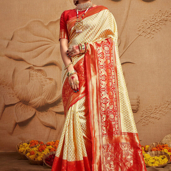 Mitera Off White & Red Ethnic Motifs Zari Silk Blend Kanjeevaram Saree - Distacart