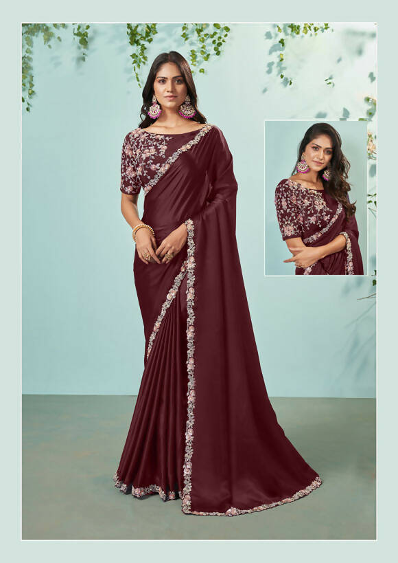 Maroon Silk crepe Solid Saree With Unstitched Blouse Piece - Norita Ikshita - Distacart