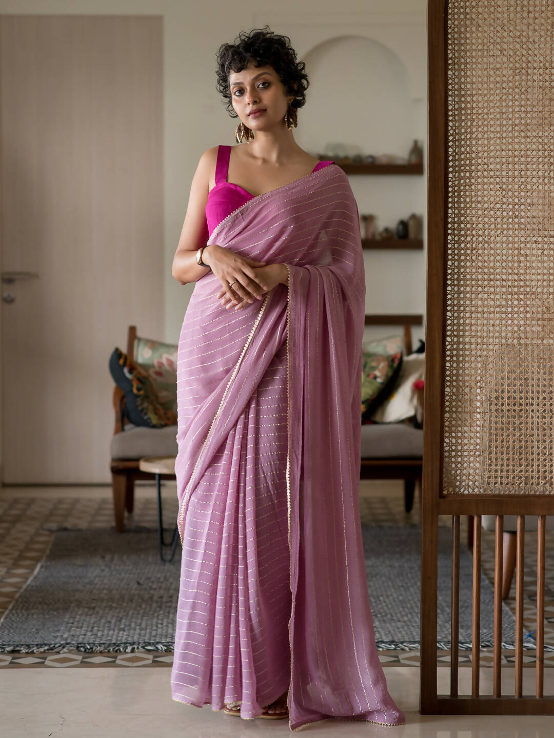 Suta Pink Striped Cotton Blend Saree - Distacart