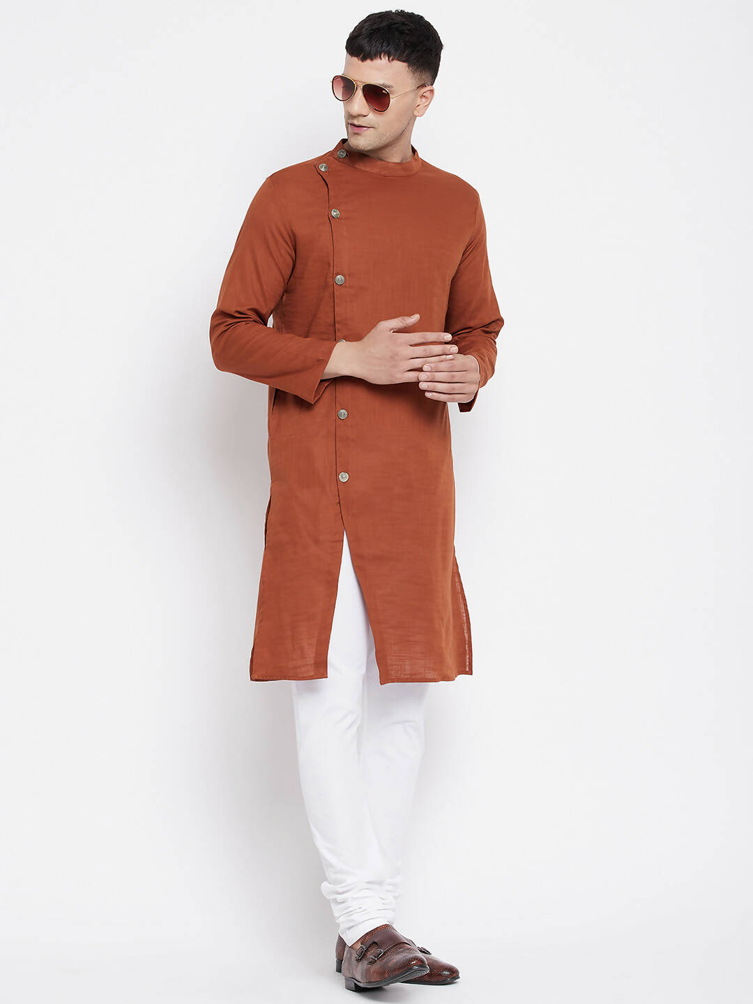 Even Apparels Brown Pure Cotton Men's Sherwani Kurta With Asymetrical Cut - Distacart