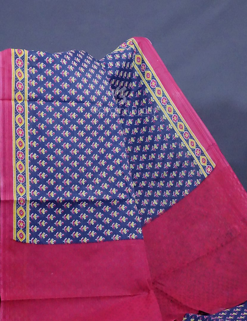 Denim Blue Colour Block Print Pure Mulmul Cotton Saree By Gayathri Reddy Designer Studio - Distacart