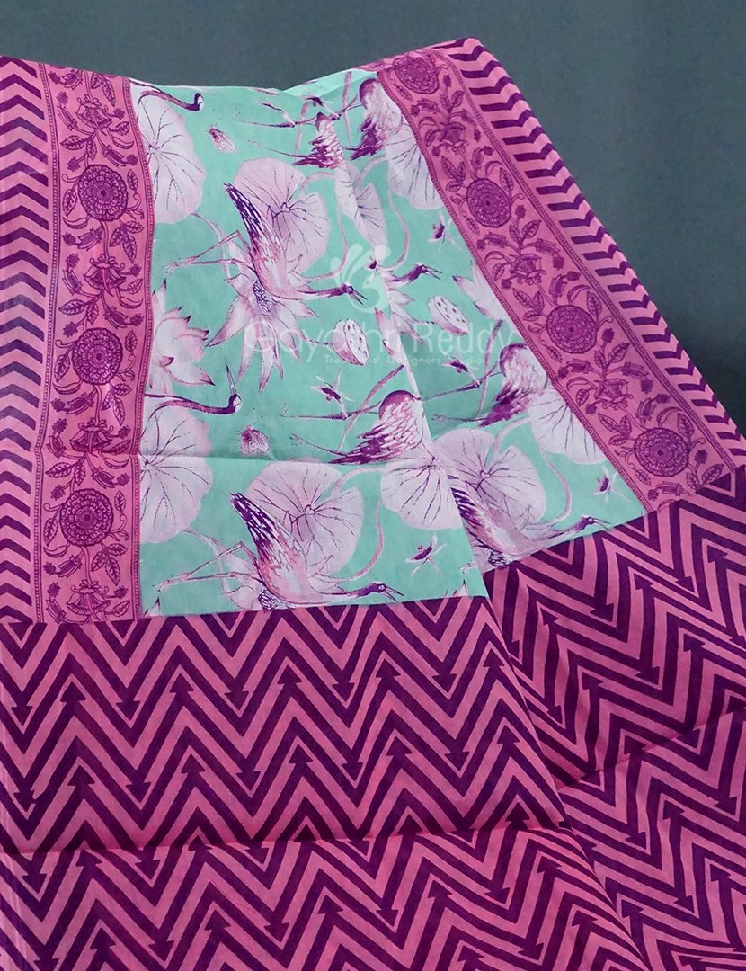 Block Print Mint Blue Coloured Mulmul Cotton Saree By Gayathri Reddy Designer Studio - Distacart