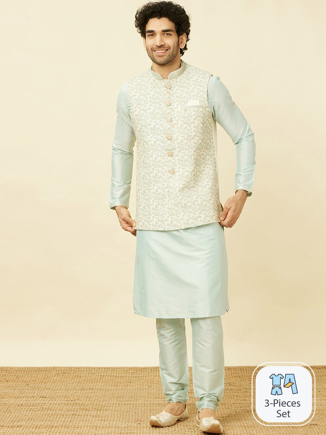 Manyavar Solid Kurta and Pyjamas with Nehru Jacket - Distacart