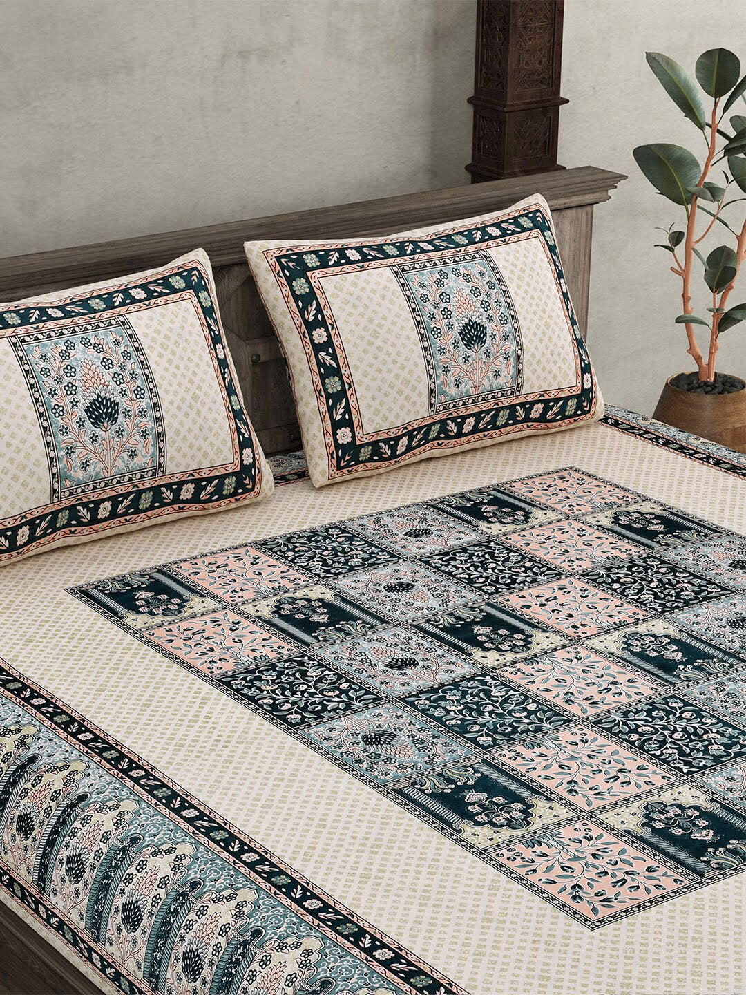 JAIPUR FABRIC Beige & Green Ethnic Motifs Cotton 210 TC Queen Bedsheet & 2 Pillow Covers - Distacart